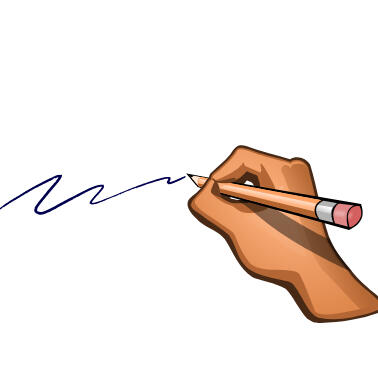 Copywriting services logo of a hand holding a pencil scribbling on paper